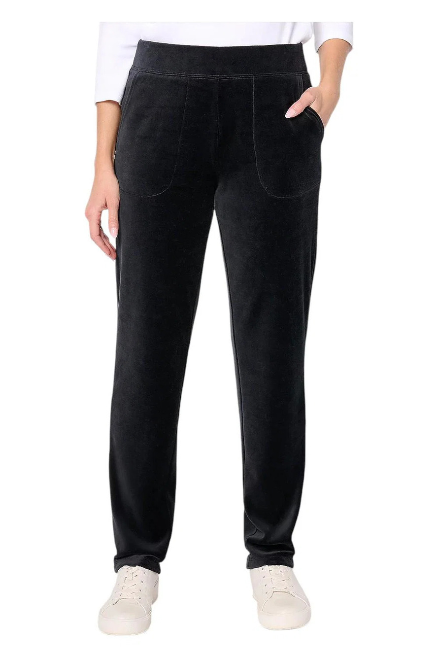 Denim & Co. Active Women's Velour Straight Leg Pant Black - Petites